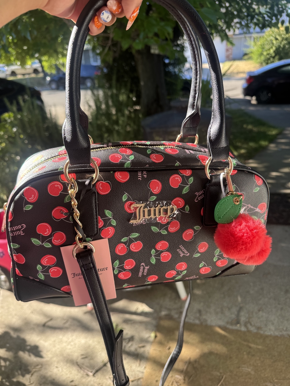 Juicy Couture Black Cherry Print Crossbody Satchel with Red Pom Charm NWT